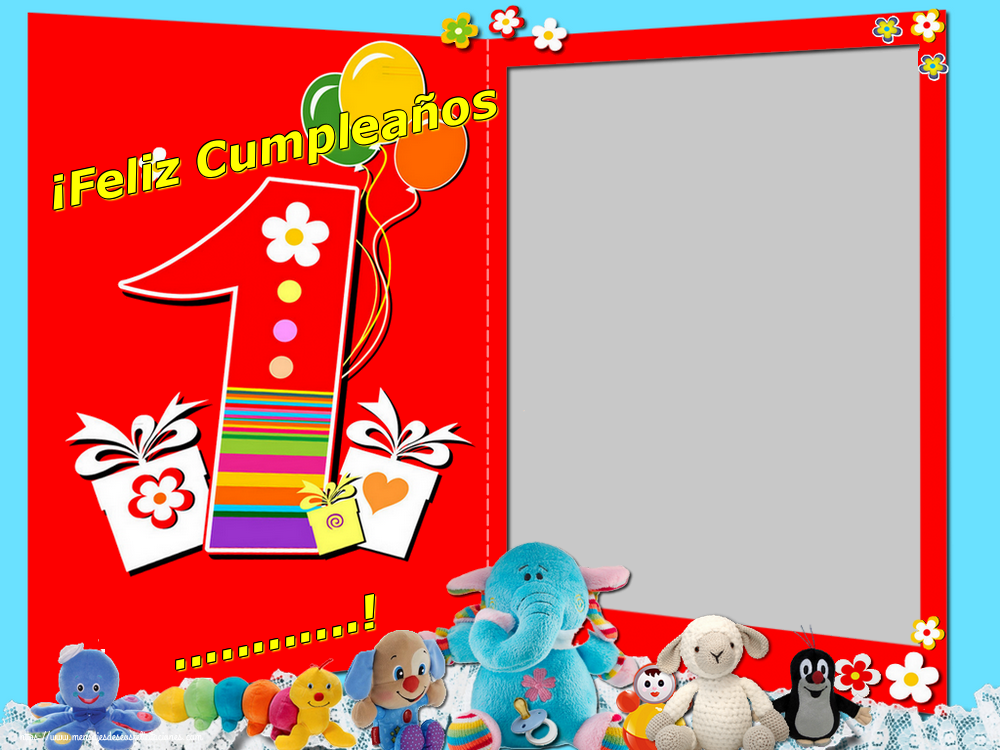 Felicitaciones Personalizadas de cumpleaños - ¡Feliz Cumpleaños ...! Imagen con regalos, globos y juguetes sobre un fondo rojo de un año