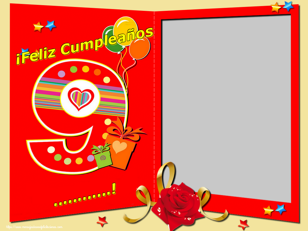 Felicitaciones Personalizadas de cumpleaños - ¡Feliz Cumpleaños ...! Imagen con regalos y globos sobre un fondo rojo con la edad de nueve años
