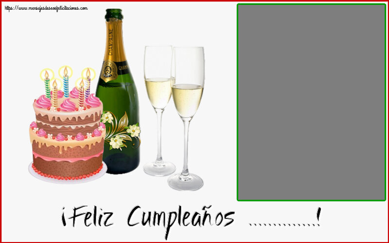 Felicitaciones Personalizadas de cumpleaños - 1 Foto & Marco De Fotos | ¡Feliz Cumpleaños ...! - Marco de foto ~ champán con copas y tarta con velas