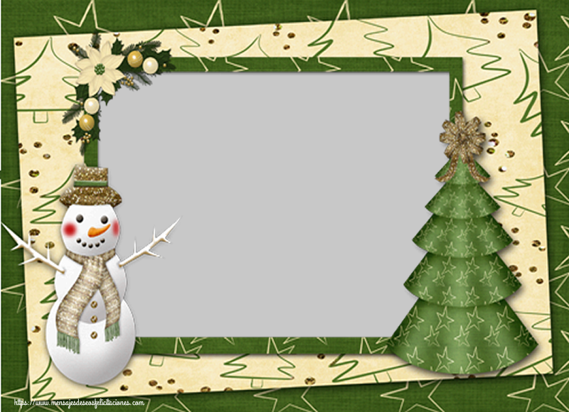 Felicitaciones Personalizadas de Navidad - Marco de foto de Navidad. Imagen con muñeco de nieve y árbol en el fondo con muchos árboles de Navidad