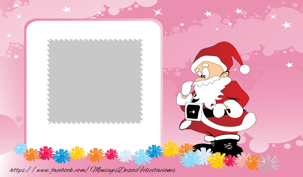 Felicitaciones Personalizadas de Navidad - Crear una tarjeta de felicitación. Imagen con marco de fotos en el fondo con Santa Claus, flores y estrellas