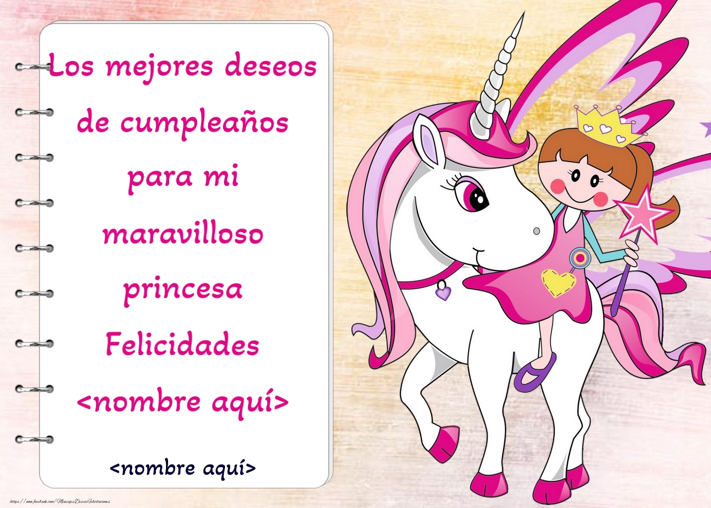 Felicitaciones Personalizadas para niños - Princesa y unicornio sobre un fondo multicolor - motivo para niñas